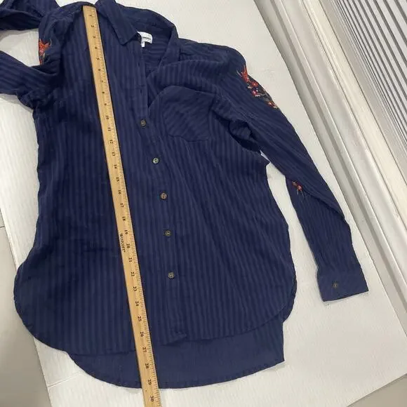 Sonoma Women L Embroidered Button Up Shirt Collared Cotton Gauzy Top Blue Tunic - Picture 8 of 10